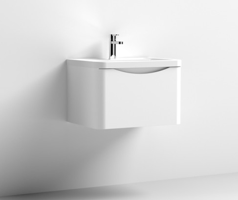 Nuie Lunar Satin White 600mm Wall Hung 1 Drawer Vanity Unit & Polymarble Basin